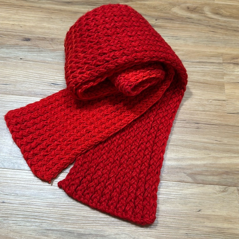 Hand Knit Winter Scarf - Handmade - Red